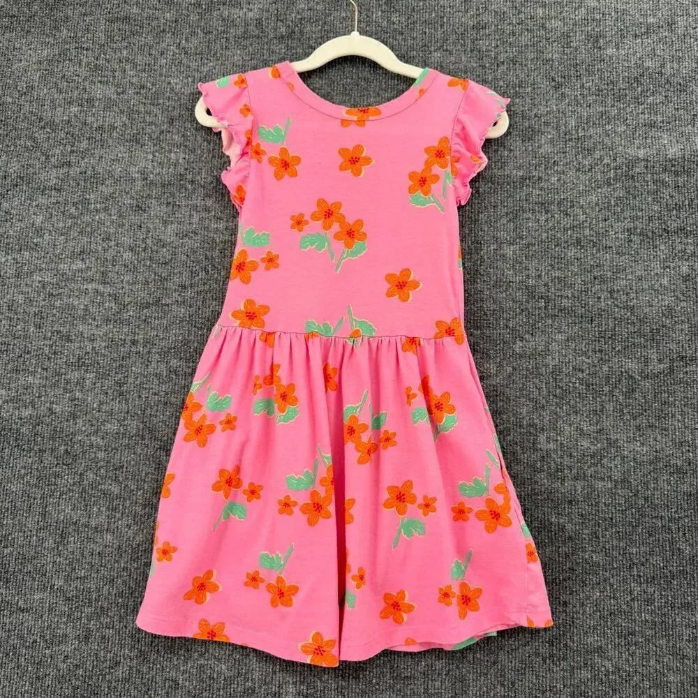 Old Navy Girls Floral Flutter Sleeve Dress Size XS 5 Pink Jersey Knit Pockets